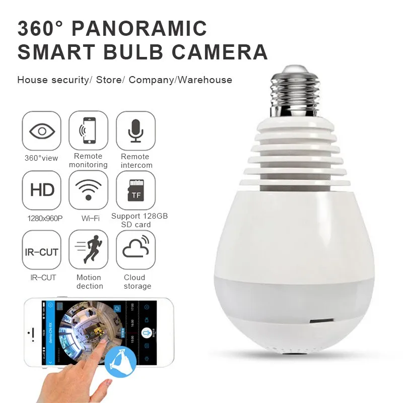 

1080P Wireless IP Camera Bulb Light Lamp 360 degree Fish Eye Panoramic Home Camera Night Vision + white light with lamp holder