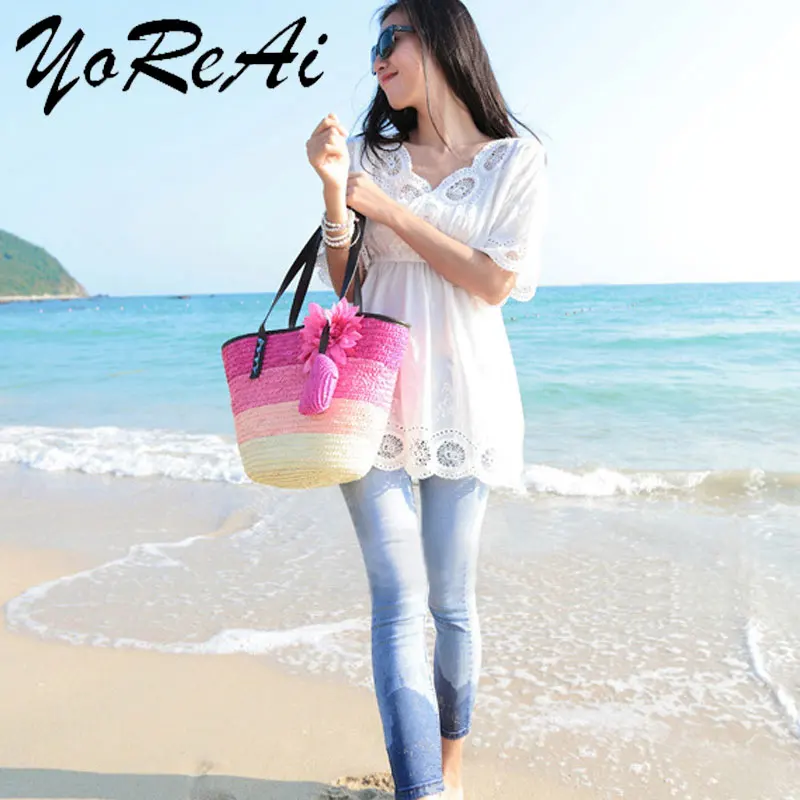 

Fashion Rattan Women Handbags Wicker Woven Lady Shoulder Bags Summer Beach Straw Bag Large Capacity Tote Dot Big Baskets Purses