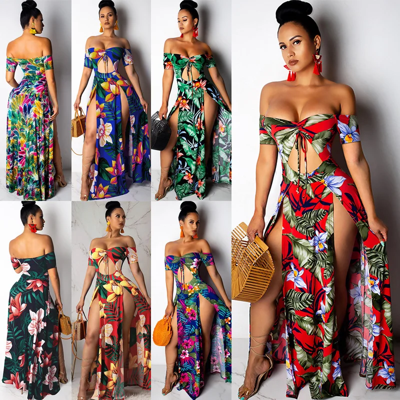 

Sexy female boho dressed long outside the floral shoulder printed leaves high cut division 2020 summer beach maxi dressed