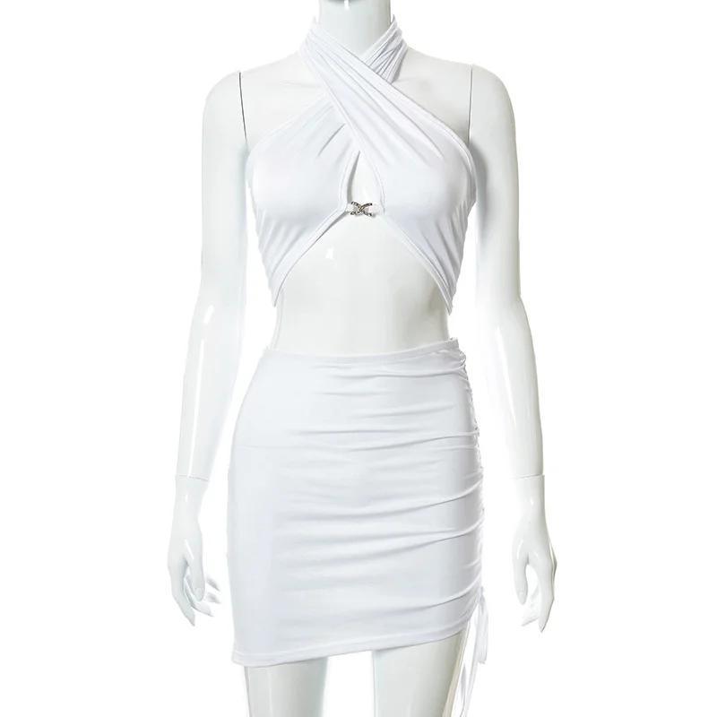 

Quanss Cross Halter Hollow Out Sexy Two Piece Set Women 2021 Summer Crop Top And Skirt Party Club Outfits Bandage Mini Suits