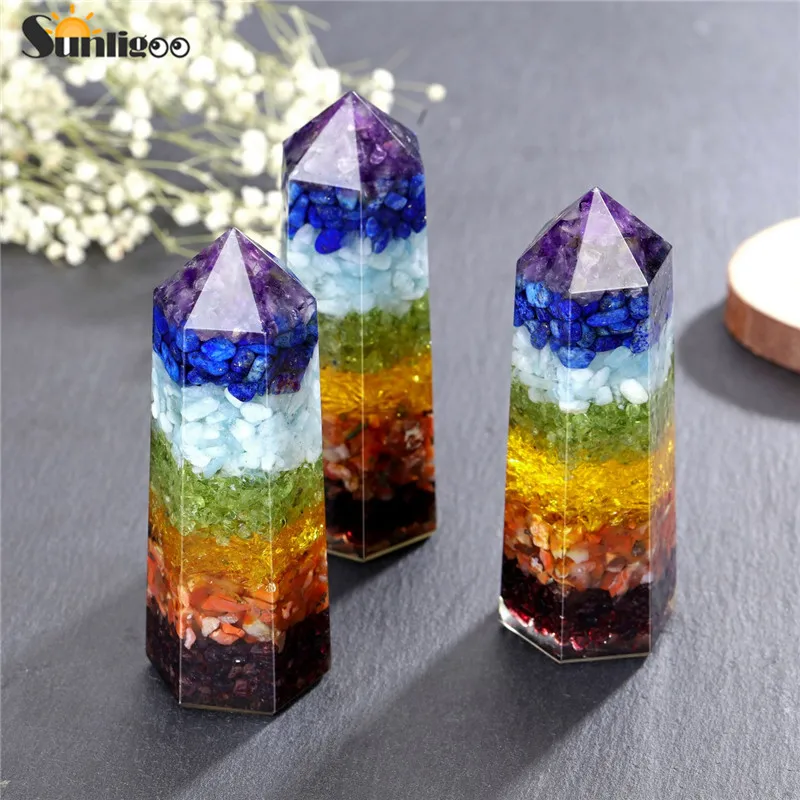 

Sunligoo Reiki Healing Crystal 7 Chakra Chip Stones Resin 6 Faceted Wand Pointed Ornaments Meditation Therapy Energy Stone Decor