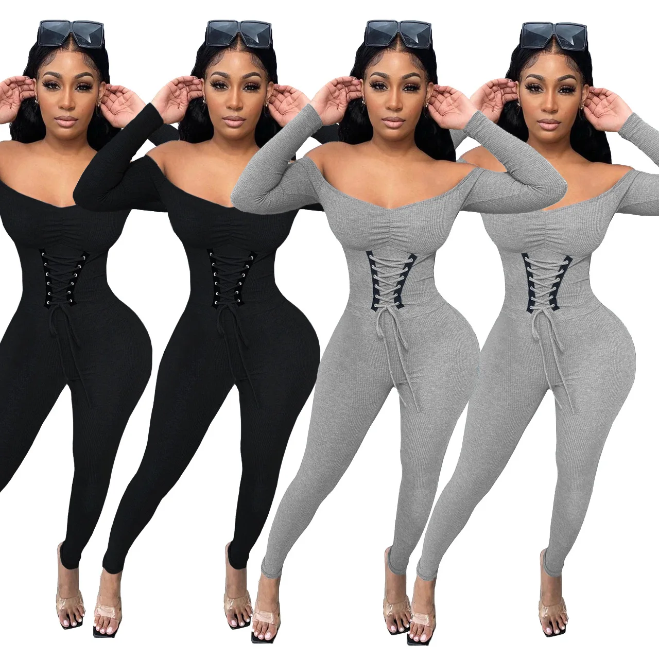 Women's Autumn/winter Off-the-shoulder Bandage Straps Threaded Jumpsuits Bodysuit Women Sexy Fitted Jumpsuit Women