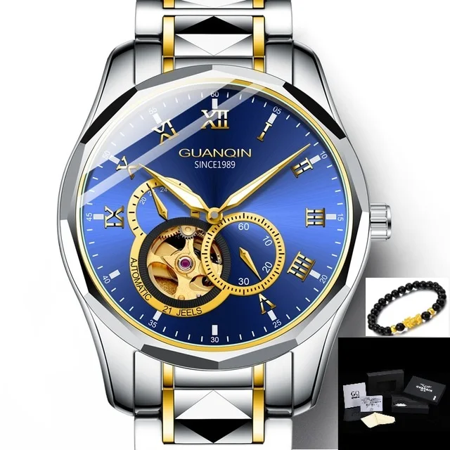 GUANQIN Japan MIYOTA Quartz Movement Automatic Mechanical Watch Men Luxury Tungsten Steel Push Button Hidden Clasp Male Clock - Цвет: Gold Blue