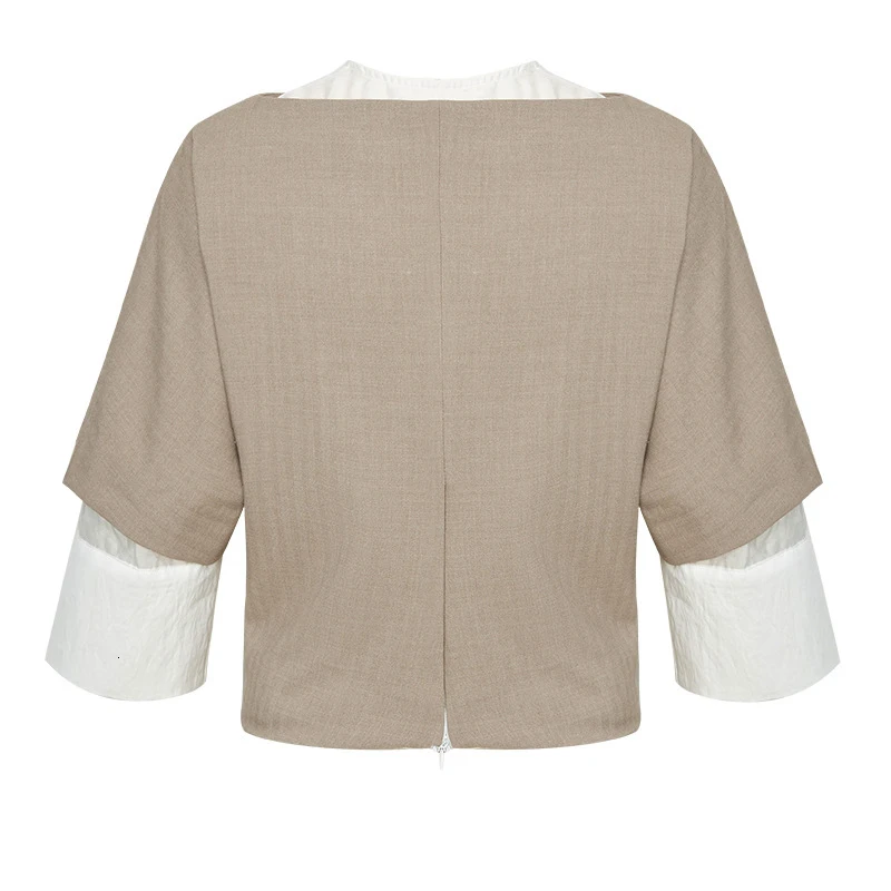 CHICEVER Summer Casual Hit Color Patchwork Shirt For Women O Neck Three Quarter Sleeve Crop Top Clothing Female Fashion New