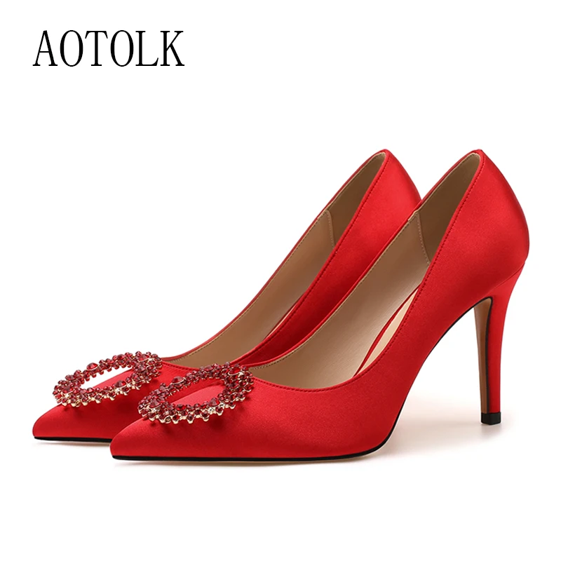 

Женские свадебные туфли, туфли-лодочки на высоком каблуке, шелковые вечерние туфли с острым носком, большие размеры 41, зима 2020