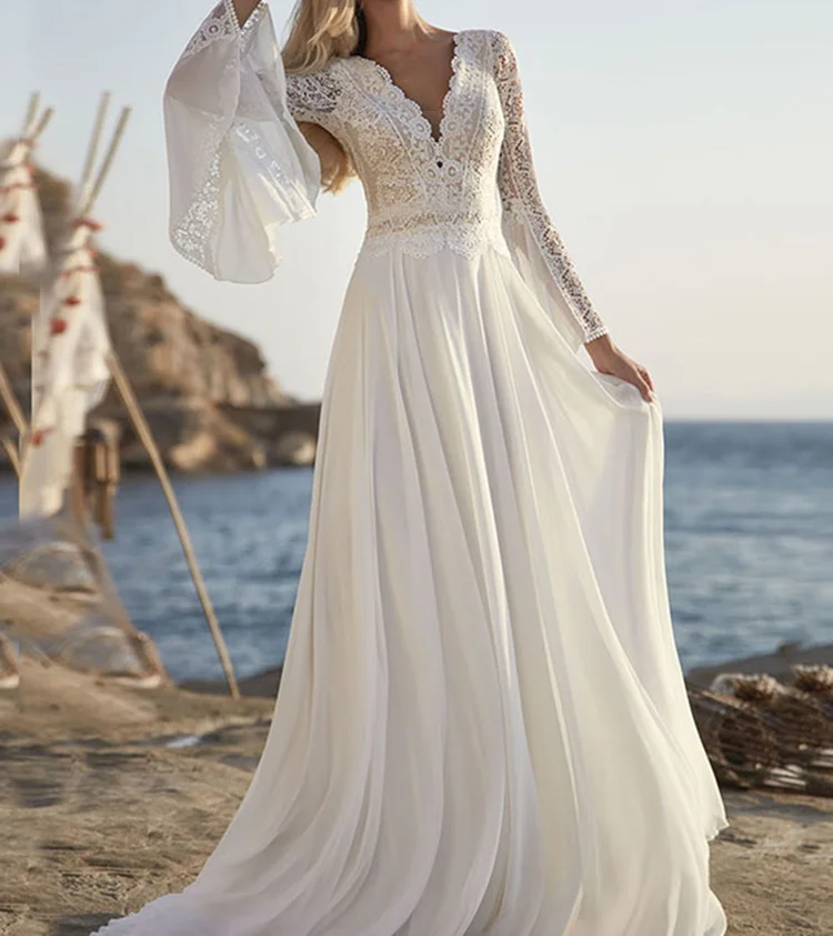 

11520# Long Sleeve Chiffon V-Neck Elegant Open Back Boho Lace Applique A-Line Sweep Train Wedding Dress Wedding Gown Bridal Gown