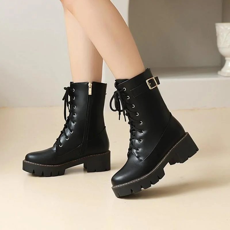 

Big Size 34-43 Ladies Chunky Heels Ankle Boots Cross Tied Motorcycle Boots Women Platform Zip Buckle Shoes Woman