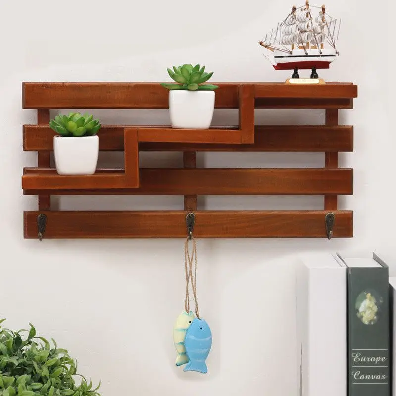 Solid Wood Wooden Wall Mounted Vintage Retro Rack 3 Hanger Hooks Floating Storage Shelf Display Home Decor | Дом и сад