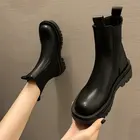 Женские ботильоны на платформе, черные ботинки средней длины из мягкой искусственной кожи на плоской подошве, Осень-зима 2021