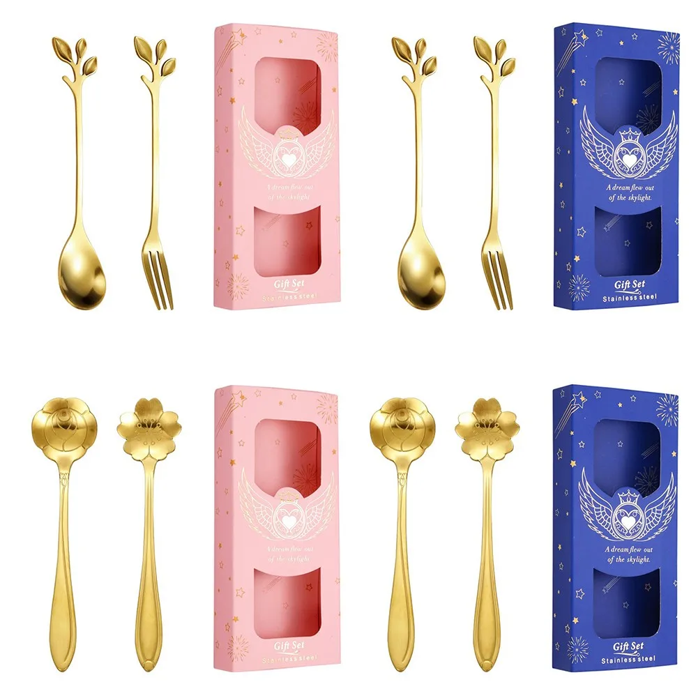 

2 Pcs Metal Ice Cream Coffee Spoon Shovel Teaspoon Afternoon Tea Dessert Fruit Gift Box Long Handle Spoon Kitchen Tableware