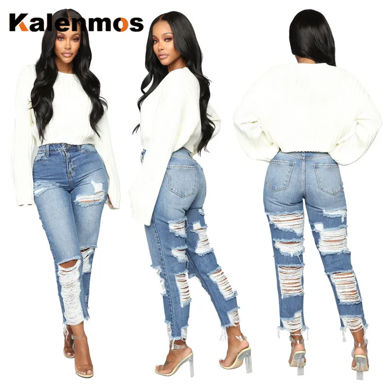KALENMOS Casual Hole Ripped Jeans Women Sexy High Waist Denim Pants Retro Straight Praight Tassel Trousers Pockets Female | Женская