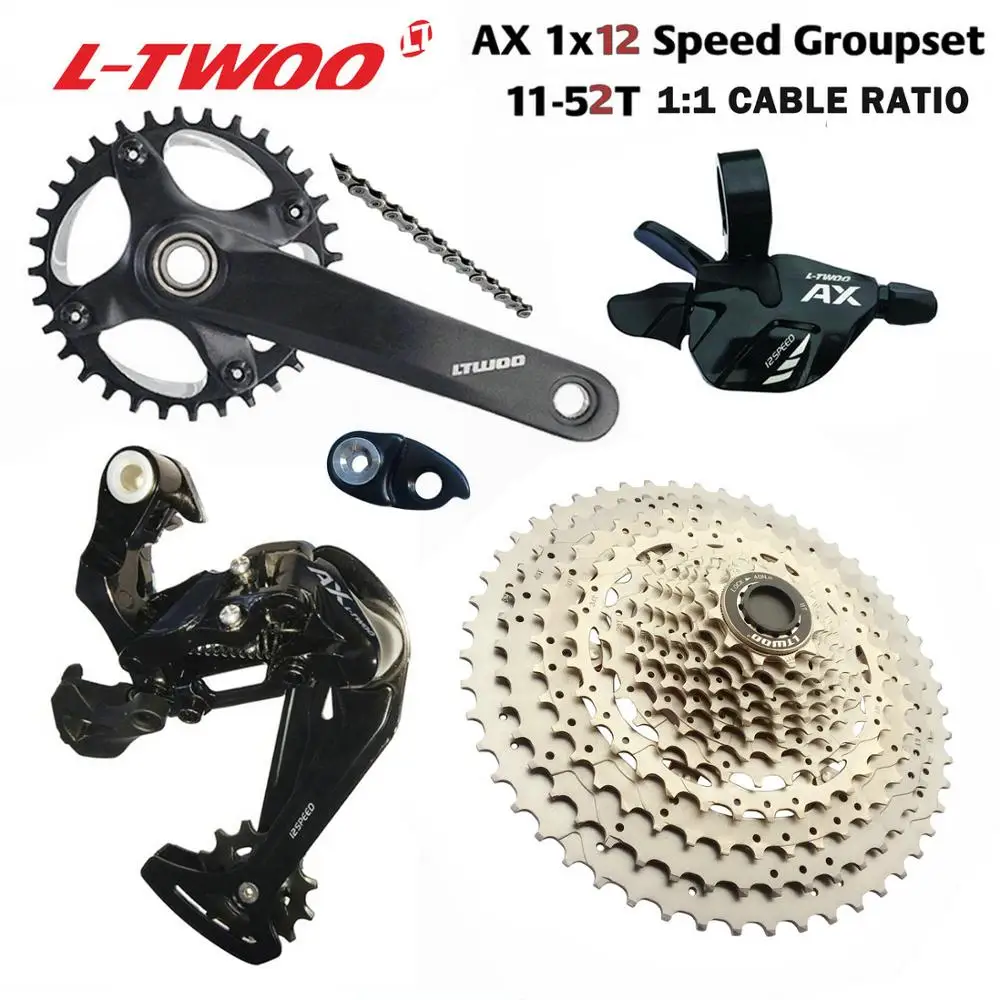Группа компонентов LTWOO AX12: переключатель скоростей на 12 скоростей, задний переключатель, кассета на 11-50T и 52T, шатуны, цепь YBN SUMC на 11 скоростей, группа компонентов NX GX XX1 EAGLE на 12 скоростей.