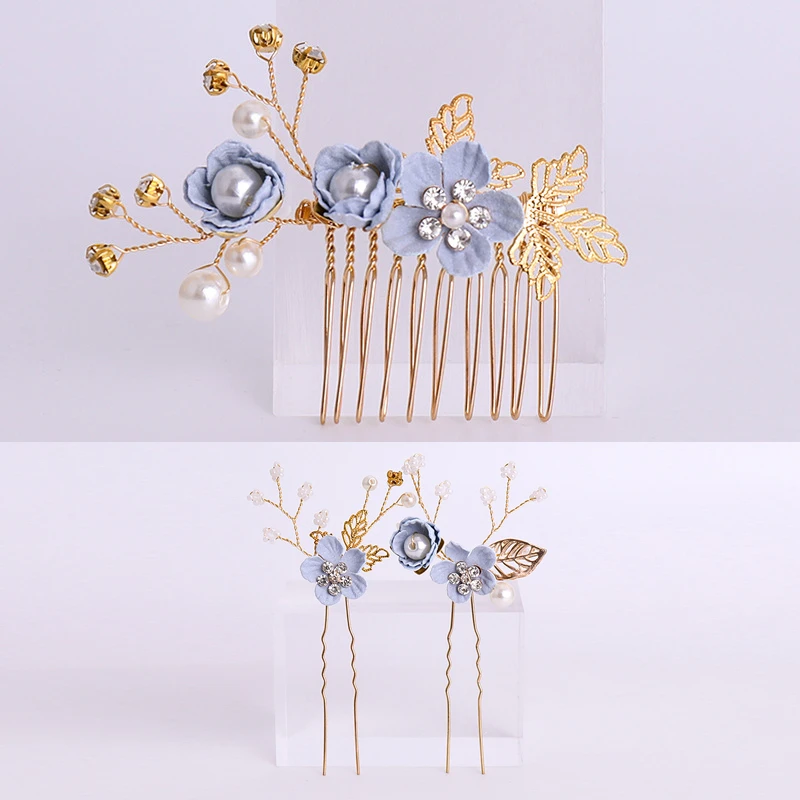 Женская заколка для волос Hanfu аксессуары косплея Цветочная набор гребней синяя