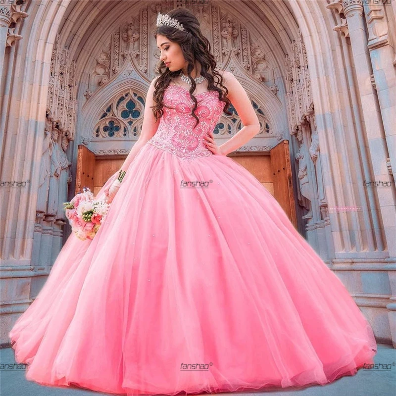 

Fanshao Quinceanera Dress Pink Strapless For 15 Girls Ball Formal Gowns Crystal Beads Appliques Pearls Formal Exqusite Vestido