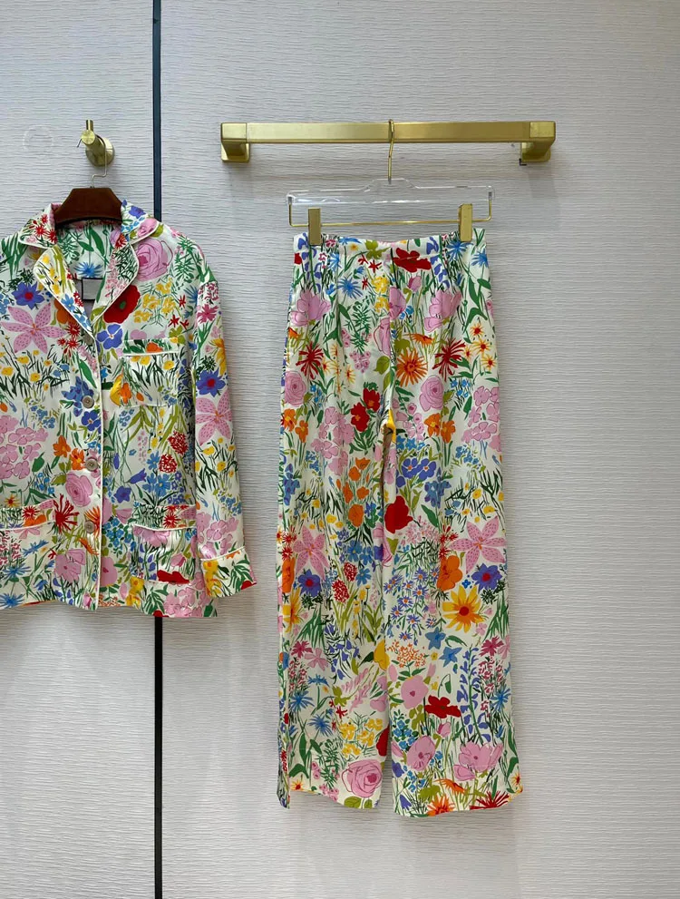 

Spring/Summer 2021 Women's New Pastoral Floral Printed Shirt and Straight Pants Pyjama Set