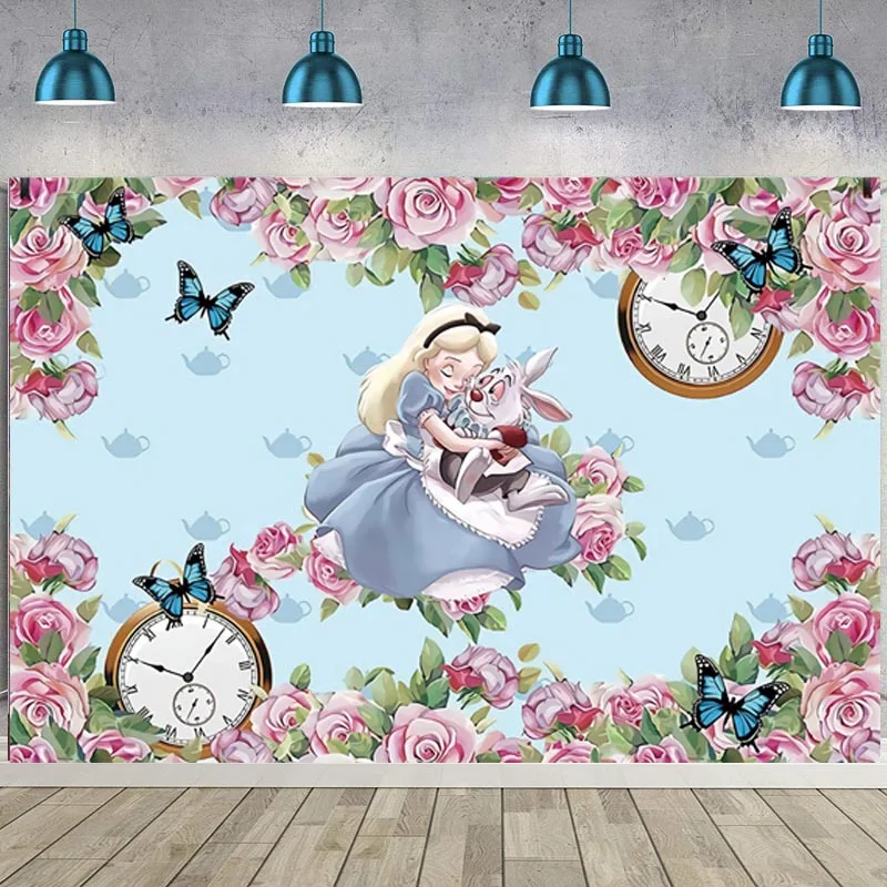 

Alice In Wonderland Backdrop Spring Pink Flowers Blue Butterfly Princess Baby Shower Tea Party Photo Background Banner