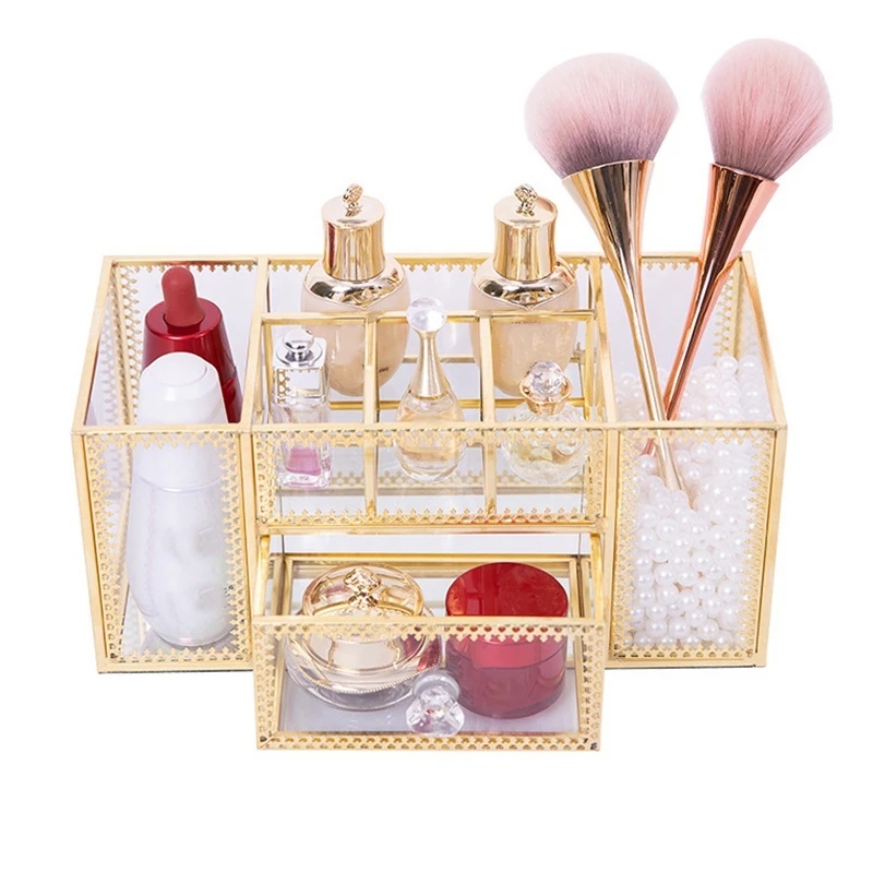 

Brass Glass Makeup Brush Bucket Nordic Style Cosmetic Lipstick Comb Eyebrow Storage Control Holder Desktop Organizer