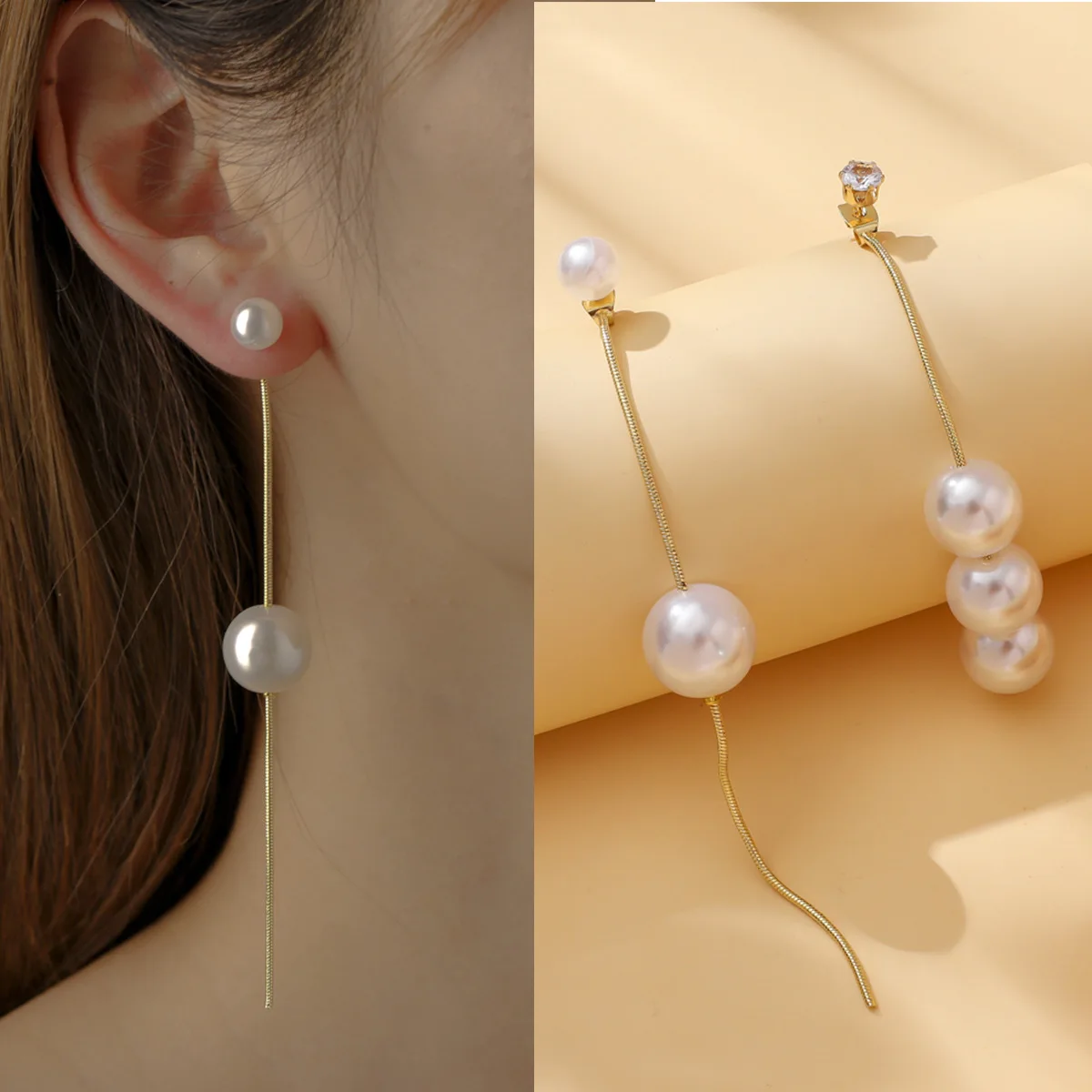 

Korean Rhinestone Long Metal Chain Tassel Pearl Stud Earrings For Women S925 Silver Needle Asymmetrical Simple Eardrop Jewelry