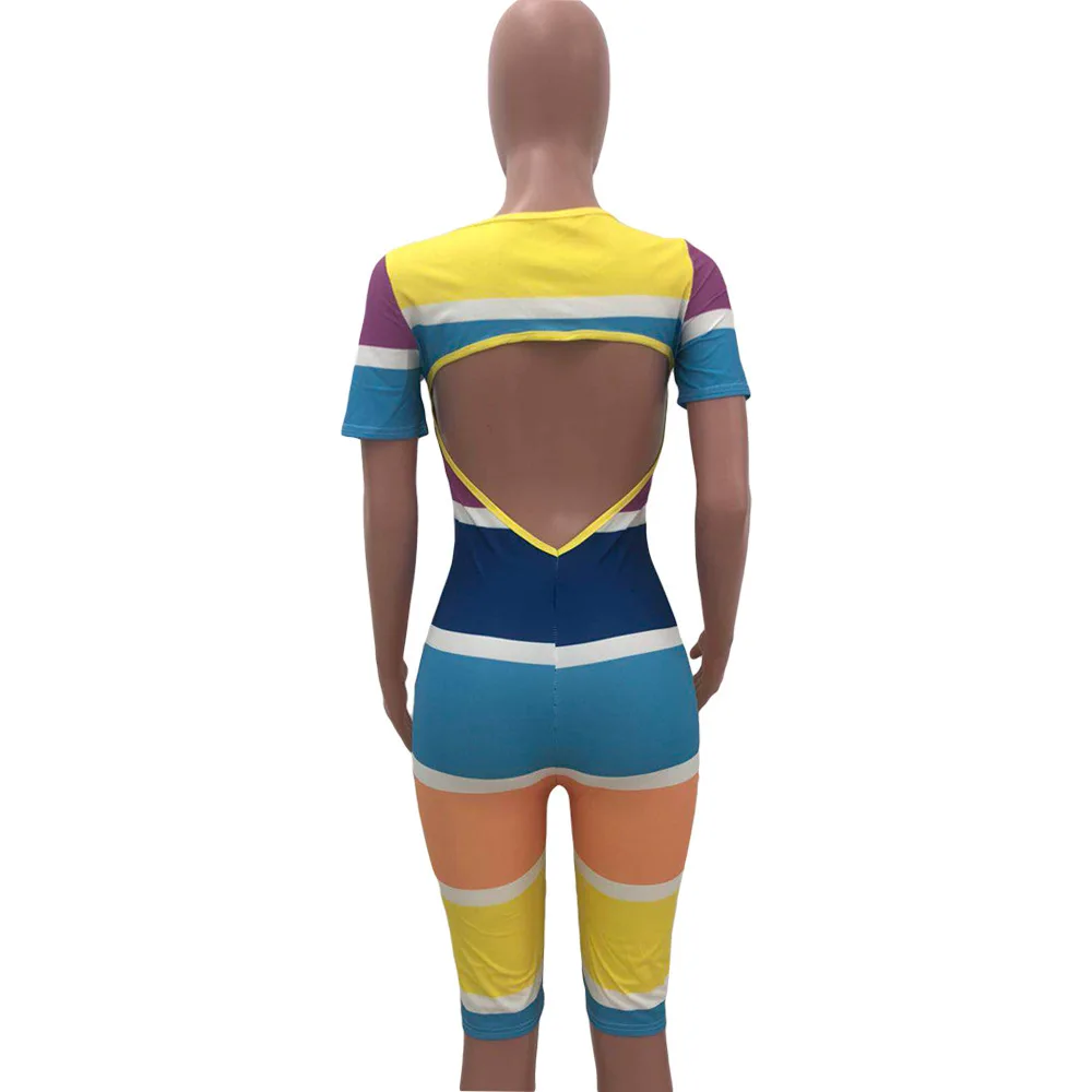 

Colorful Striped Print Rompers Womens Jumpsuit Round Neck Short Sleeve Short Playsuit Summer Backless Bodycon One Piece Overall