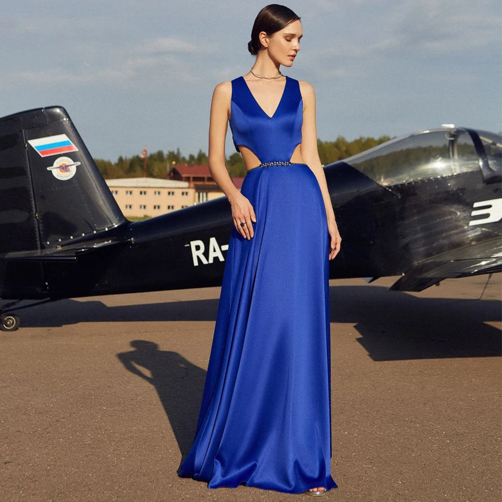 

Sparkle Blue Deep V-Neck Sleeveless Evening Dresses for Women 2021 Summer Floor-Length A-Line with Beading Zipper Back Prom Gown