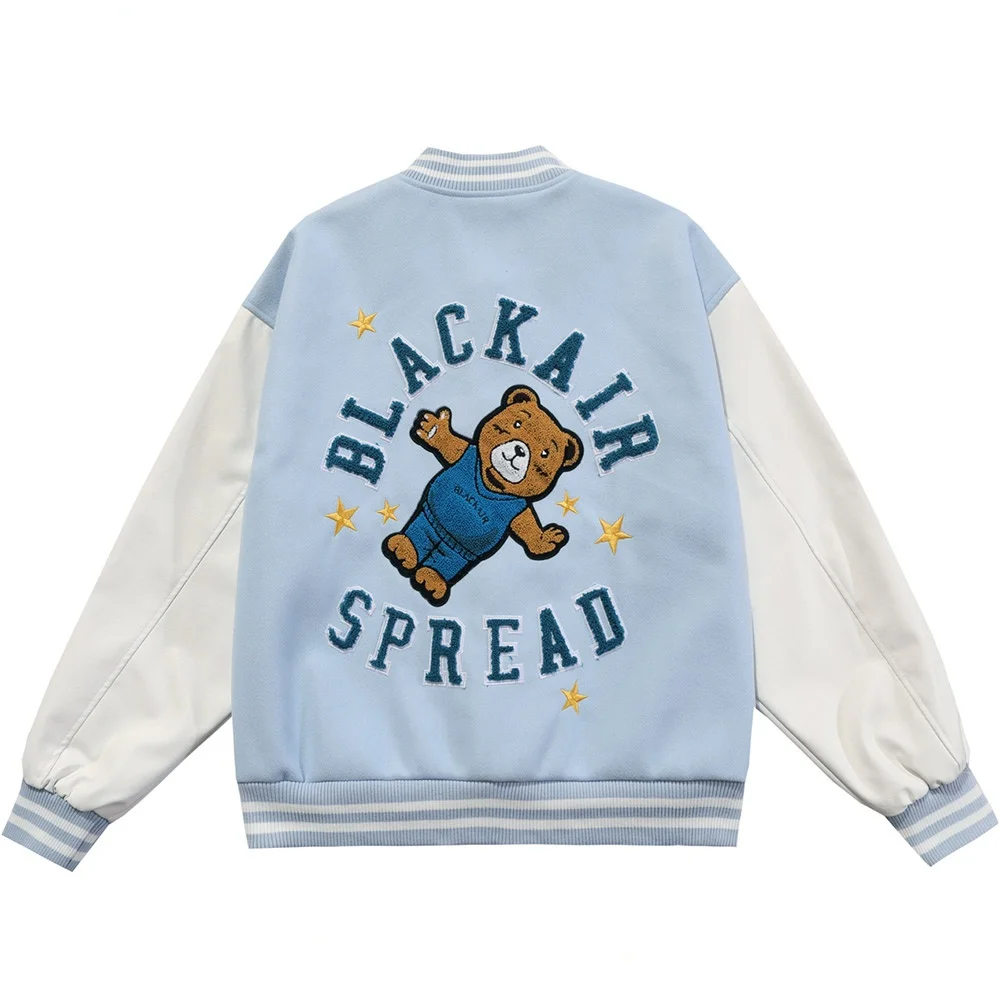 

Cute Furry Bear Letter Patch Patchwork Color Baseball Jacket Men Oversize Cozy Fashion College Style Bomber Coat Autumn