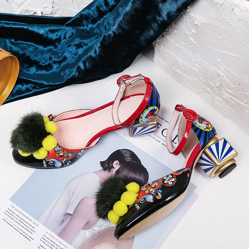 Koovan Women Sandals 2020 New Retro National Style Women's Shoes 3D Color Printing Pompom High Heeled Bridal Wedding | Обувь