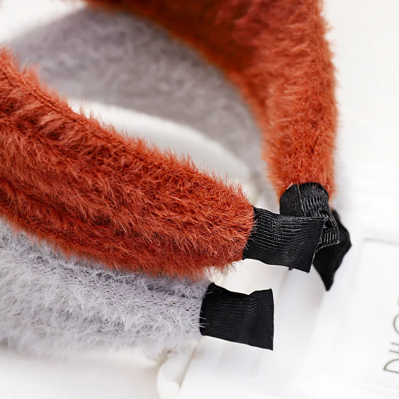 

Winter Fashion Faux Mink Fur Headband Knitted Cross Knot Hair Hoop Solid Color Soft Non-slip Wide Head Hoop Hair Accessories