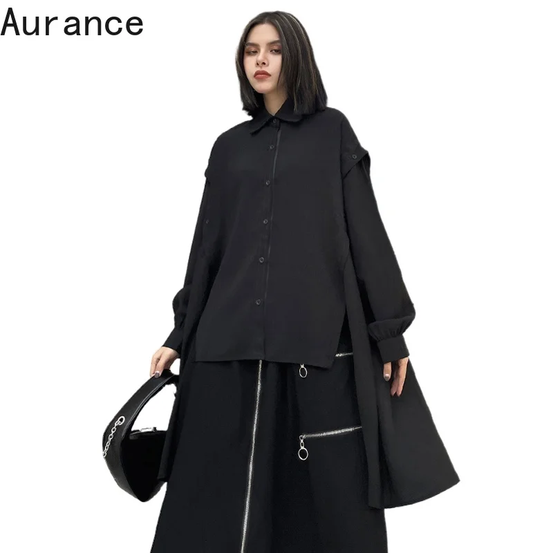

Женская Асимметричная Длинная блузка [Aurance], черная Свободная рубашка большого размера с отложным воротником и длинным рукавом, топы на весн...