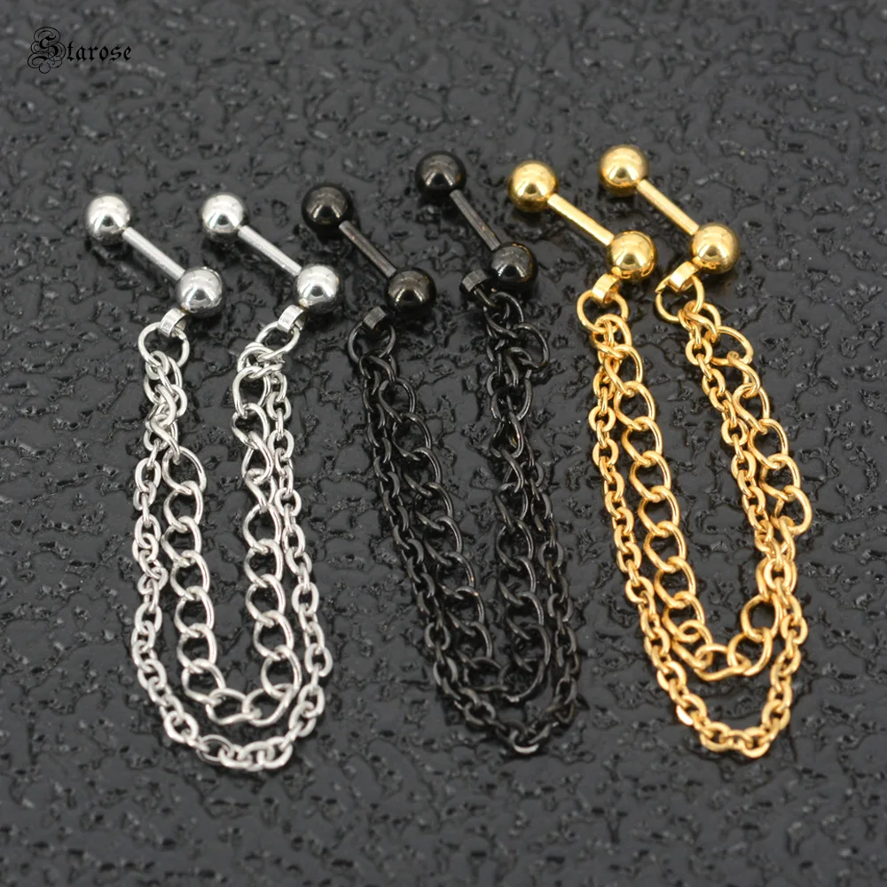 

2Pcs Simple Tassel Earrings Long Chain Piercing Earrings Surgical Steel Gold Color Barbell Ear Studs Lobe Helix Piercing Jewelry