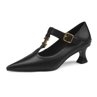 luxury shoes women designers vintage shoes woman full cow leather pointed toe t strap buckle high heels women pumps black beige