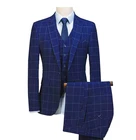 Мужской костюм в клетку из 3 предметов, блейзер с отложным воротником, формальный облегающий смокинги, костюм 2020 Королевского синего цвета (Блейзер + жилет + брюки)