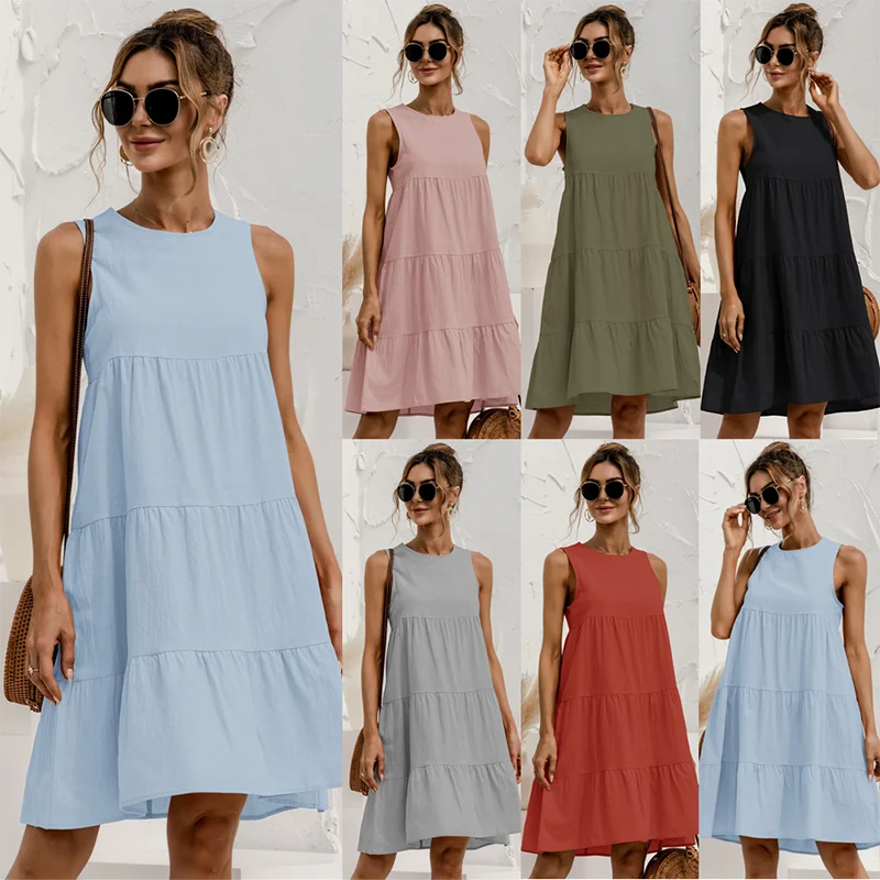 

Loose Summer Vest Cotton Dress Sleeveless Solid Color Mid-length Dress Large Sewing Casual Swing 2023 Summer Women's