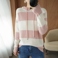 autumn and winter new womens pullover loose striped hooded 100 pure wool sweater commuter all match bottoming hoodie women