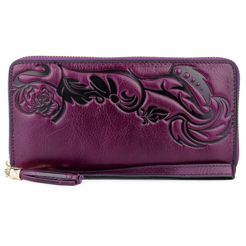 

Premium Genuine Leather Large Capacity Embossing Flower Wallet Dropshipping Long Vintage Zipper Purse Multi-Card Bit Card Wallet