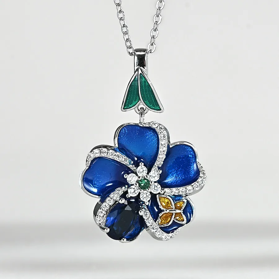 

New Arrival Beautiful Butterfly Flower Petal Silver Pendant Necklace for Women Deep Blue Enamel Clavicle Chain Custom Necklace