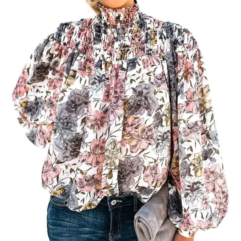 Женская блузка с оборками и цветочным принтом Повседневная Свободная рукавами