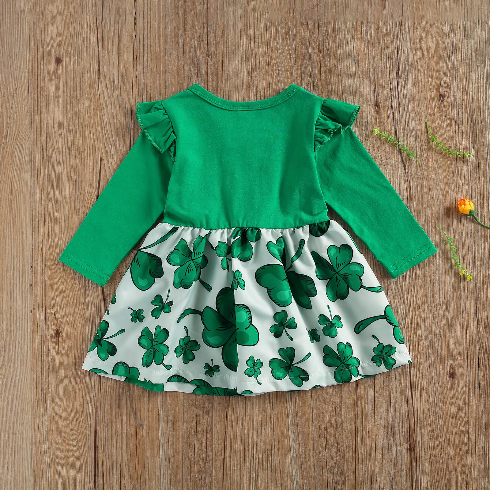 

2020 New Spring 12M-4Y Toddler Kids Baby Girl Green Clover Print Ruffled Buttons Long Sleeve Splicing Dress Children Outfit