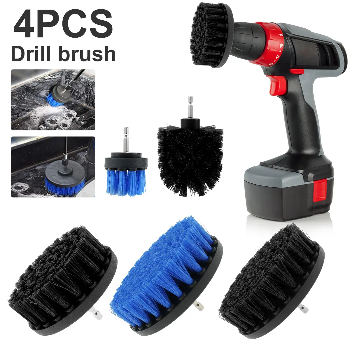

4Pcs/Set Electric Scrubber Brush Drill Brush Kit Car Polisher Bathroom Cleaning Kit with Extender Tires Nylon Brushes 2/3.5/4''