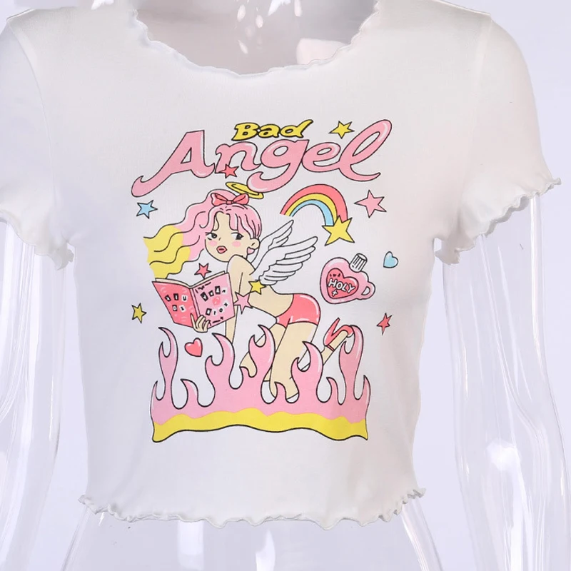 

Y2K E-Meisje Angel Grafische En Brief Print Ruches Zoom Leuke Crop Tops Kawaii bratz Mouw Wit t-shirt 90S Short brandy album