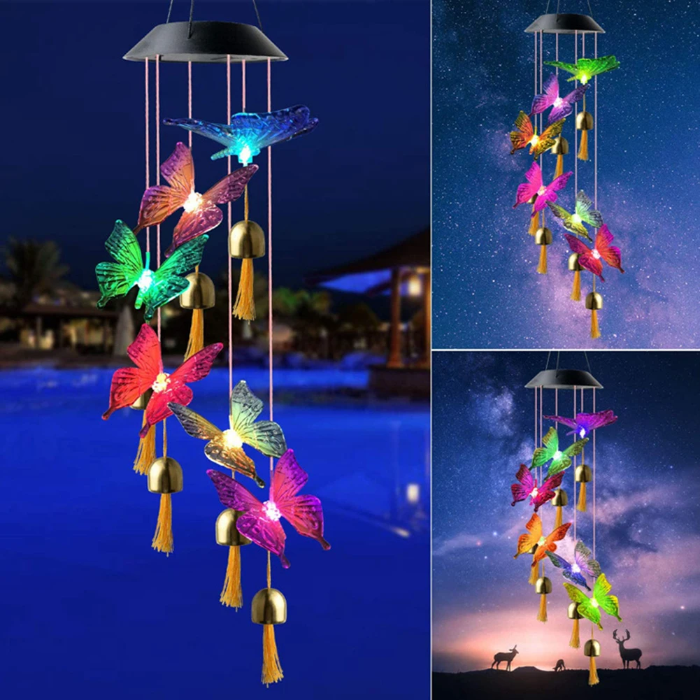 

Color Changing Solar Power Wind Chime Crystal Ball Hummingbird Butterfly Waterproof Outdoor Windchime Light for Patio Yard Garde