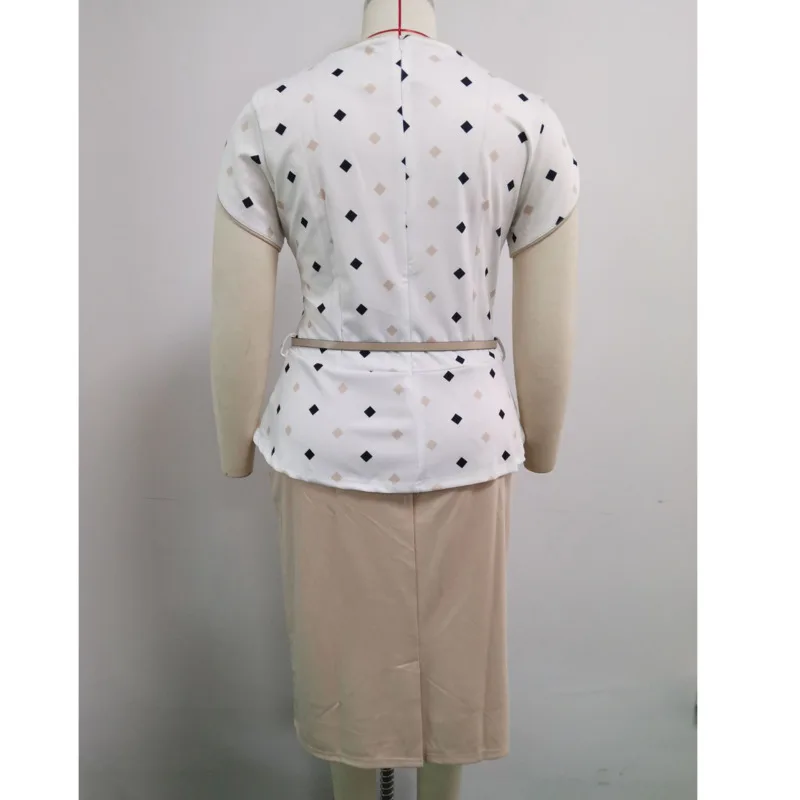 

Summer Autumn Plus Size Women's Skit Shirt Two Piece Set Belt Bow Speckle PrintElegant Office Ladies Vintage Oversize Basic Suit