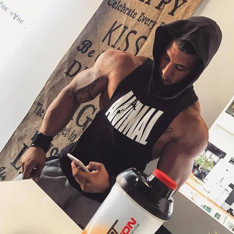 Muscle Man Fitness Tank Tops Men Gym Bodybuilding Hooded Vest Cotton Sleeveless Shirt Brand Sportswear Male