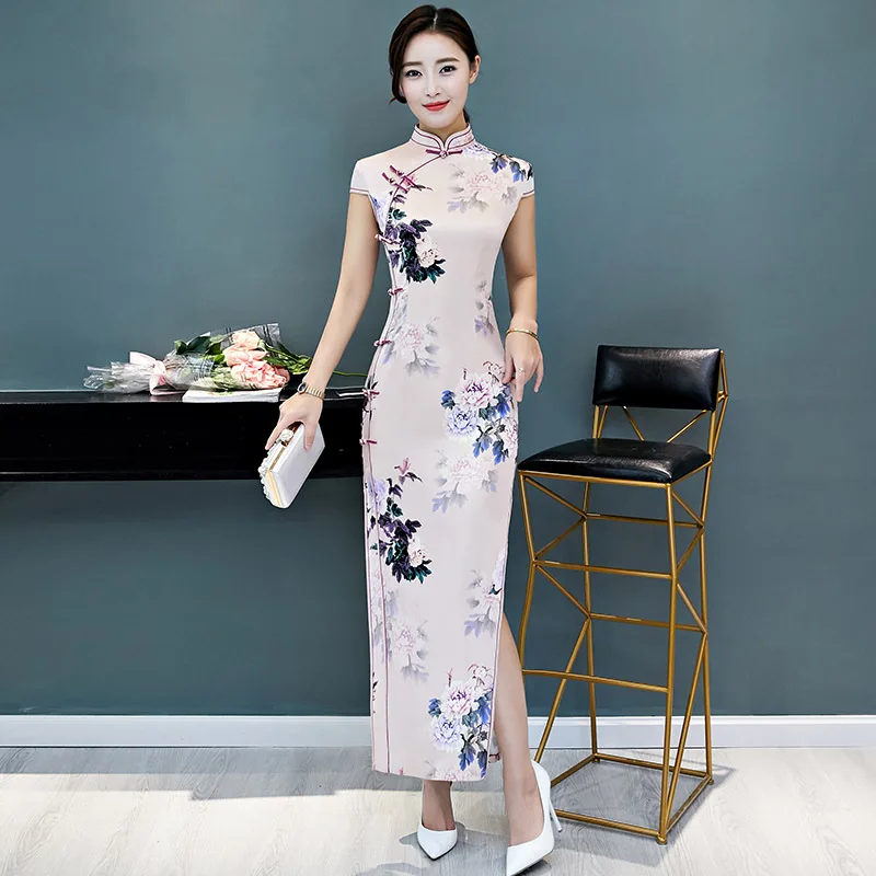 Женское шелковое Платье Ципао длинное вечернее в китайском ретро стиле весна
