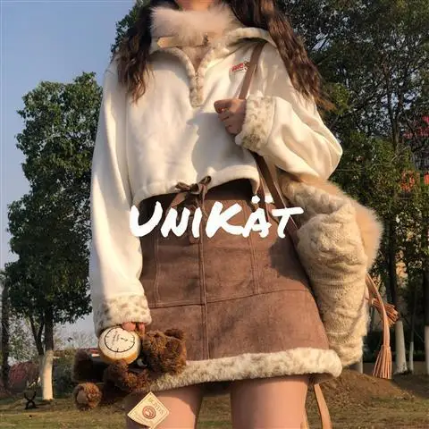 

VOOCIEC Winter Woman Warm Sweater Short Skirt Suit Locomotive Girl High Street Harajuku Style Warm And Fleece Sweater Skirt Suit