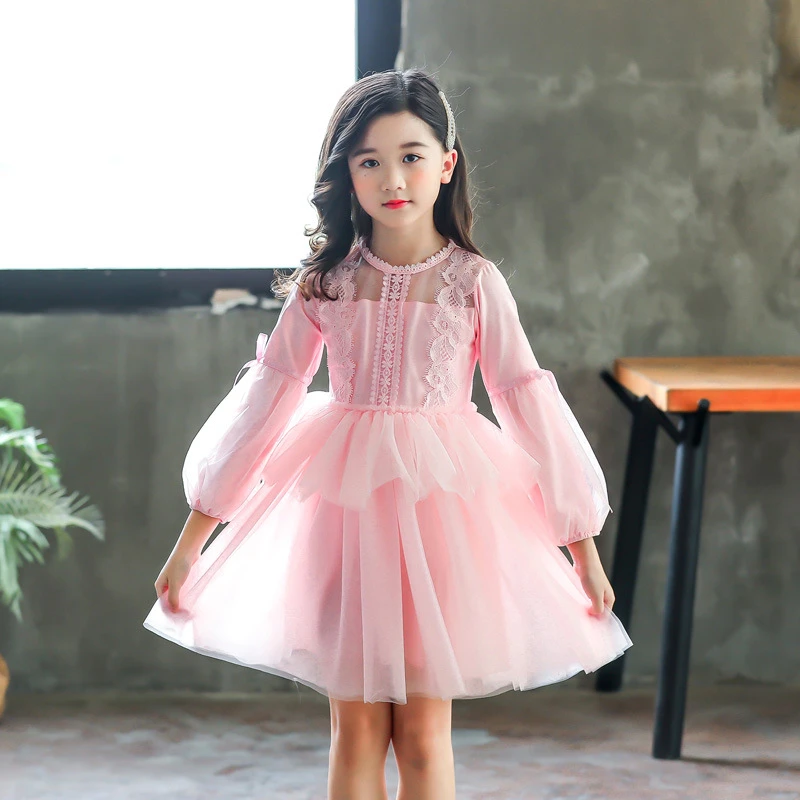 Платье с цветочным узором для девочек розового цвета длинным рукавом платье