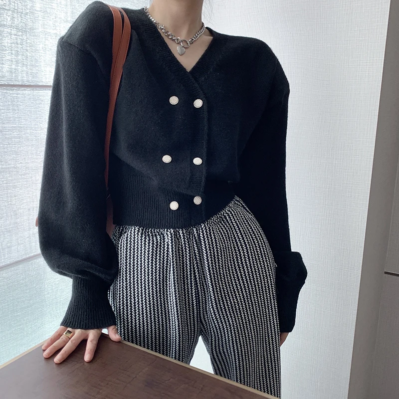 

HziriP Double Breasted V-neck Women Sweater Cardigans 2021 New OL Autumn Winter Vintage Long Sleeve Short Female Knitting Tops