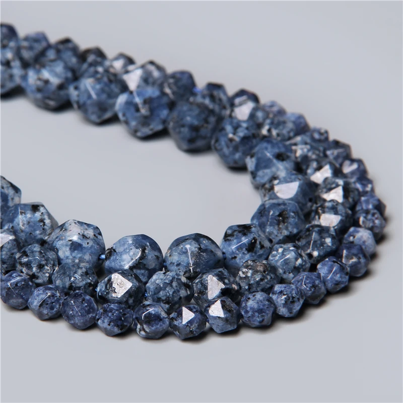 

6 8 10MM Natural Smooth Blue Black Dot Gem Stone Faceted Spacers Loose Beads Charm DIY Men Women Bracelet Jewelry Making 15"