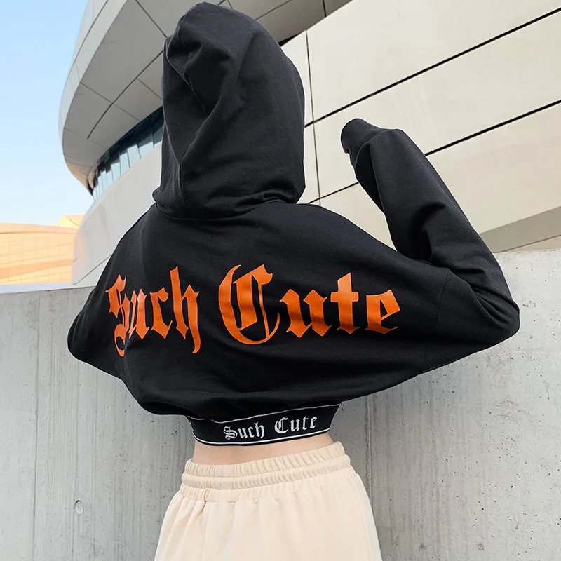

Hoody Streetwear Sweatshirt Women Black Harajuku Hoodies Women Letter Print Casual Crop Femme Hip Hop Top Clothes for Teens