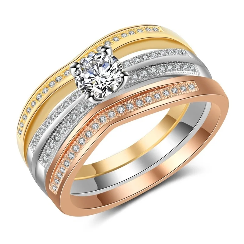 

FDLK 3-in-1 Luxury Round Crystal Ring AAA Cubic Zirconia Women Wedding Engagement Band Ring Set - Matching Rings Wholesale