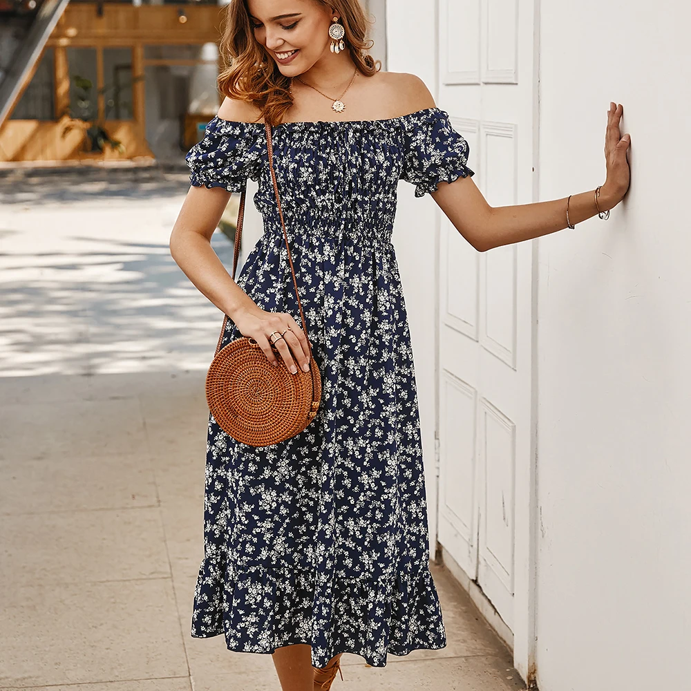Повседневное платье в стиле бохо платья с коротким рукавом и цветочным принтом